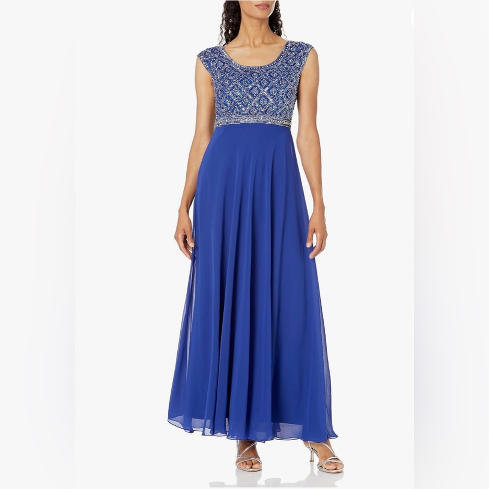 J Kara Women's Scoop Neck Cap Sleeve Beaded Bodice Popover Flare Dress- Royal